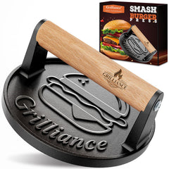 Grilliance Smash Burger Press Kit front view with wooden handle