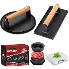 Grilliance Smash Burger Press Kit with round and rectangle tools