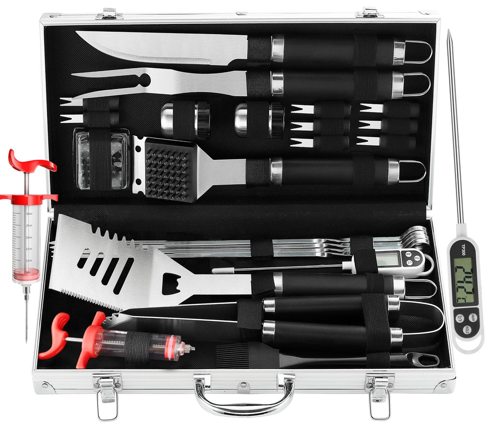 Grilljoy 24PCS BBQ Grill Tools Set black stainless steel tools in aluminum case