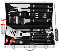 Grilljoy 24PCS BBQ Grill Tools Set black stainless steel tools in aluminum case