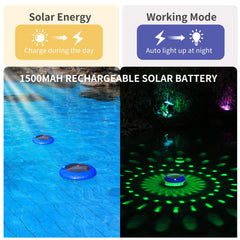 Group of FirstE solar floating lights illuminating a pool at night