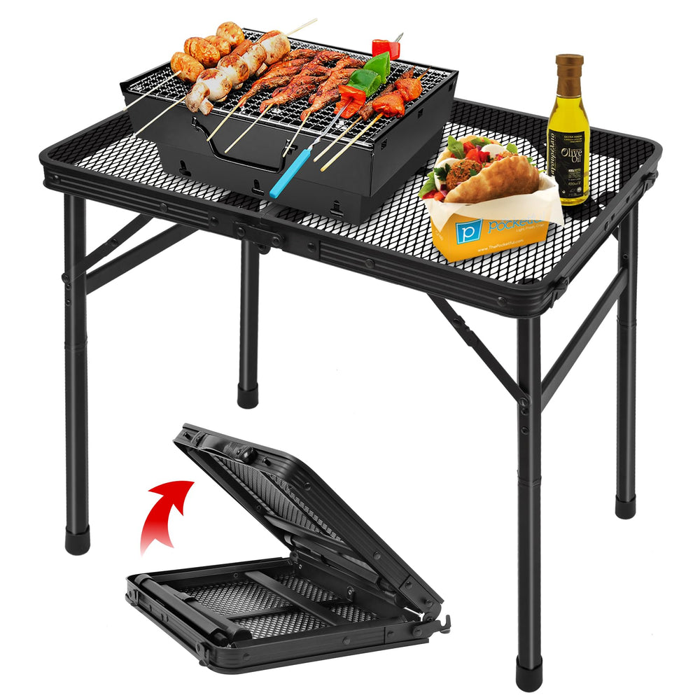 Grovind Folding Grill Table with mesh desktop in black, front view