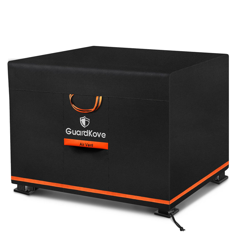 GuardKove 32 inch fire pit cover in black with orange trim