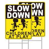 GXGGUS Slow Down Children at Play Sign front view with bold yellow background