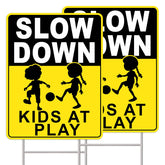 GXGGUS Slow Down Kids At Play Sign front view on a bright yellow background