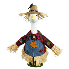 HALSHI Scarecrow Porch Goose Outfit front view with denim overalls and plaid shirt