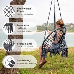 Hammock Chair hanging on a porch with greenery in background