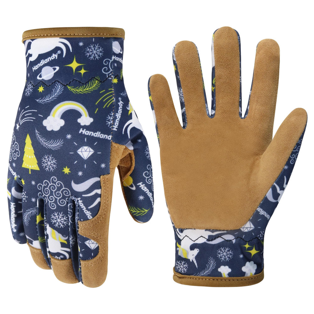 HANDLANDY Kids Leather Gardening Gloves front view in blue