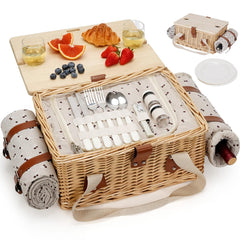 HappyPicnic Cherry Picnic Basket front view with cutlery and glasses