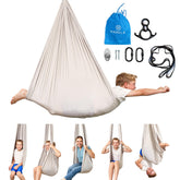 Harkla Sensory Swing gray model front view with nylon fabric