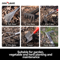 Heavy-duty high carbon steel garden tools laid out on a table