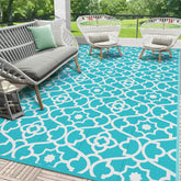 HEBE 6'x9' outdoor rug in teal with Moroccan pattern front view