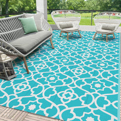 HEBE Waterproof Outdoor Rug 5'x8' Teal/Moroccan design front view