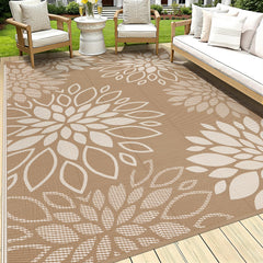 HEBE Waterproof Outdoor Rug 9'x12' beige floral pattern front view