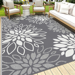 HEBE Waterproof Outdoor Rug 9'x12' grey floral reversible design