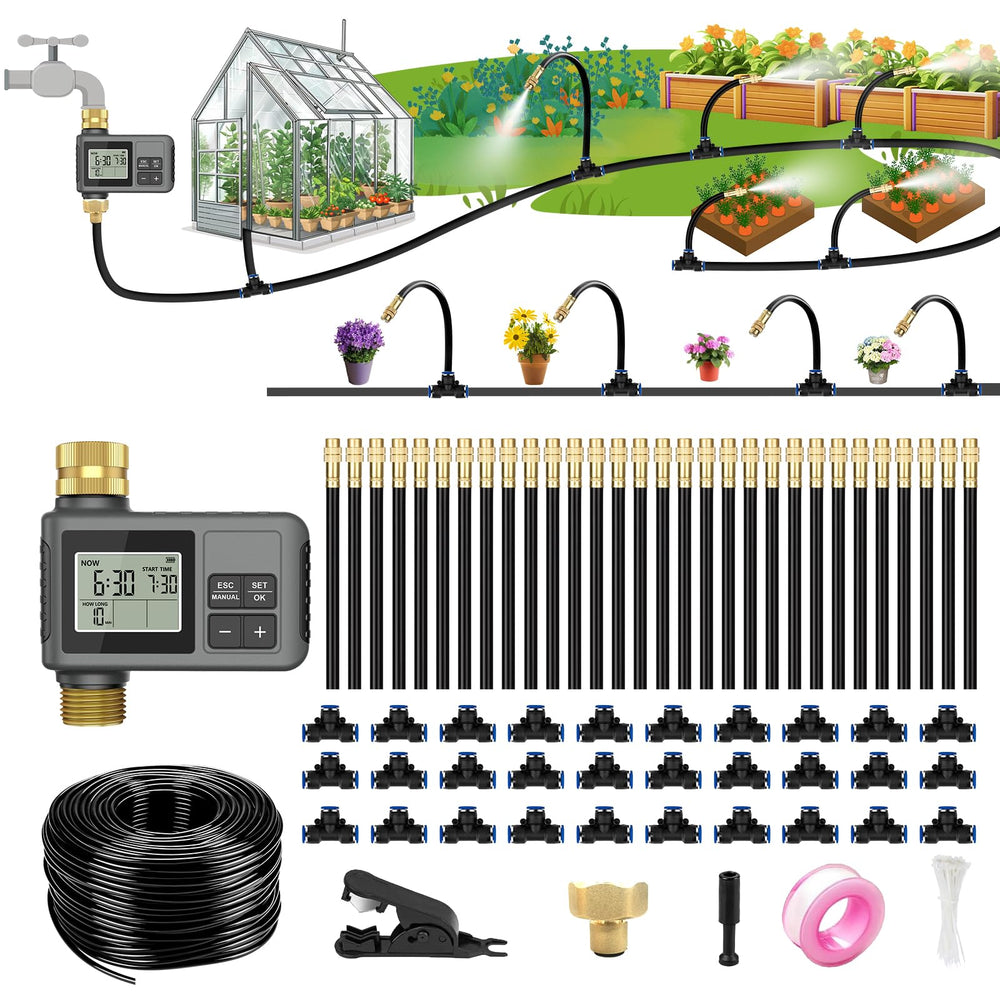 HEKIWAY 120FT Drip Irrigation System with smart timer and brass fittings