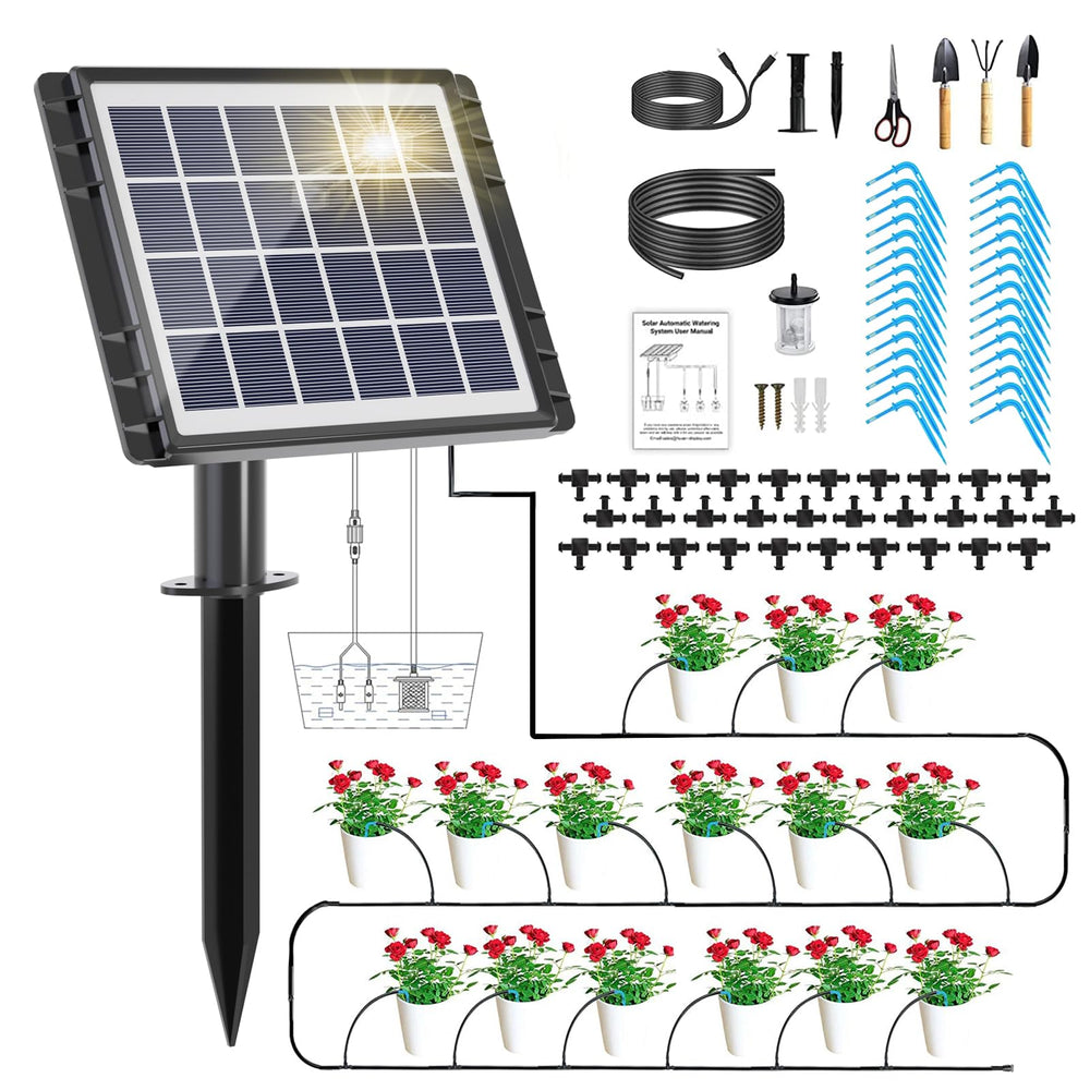 HEKIWAY Solar Drip Irrigation System Kit 82FT with components laid out