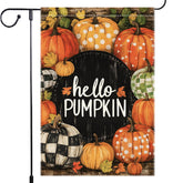 Hello Pumpkin Garden Flag 12x18 inch front view with burlap texture