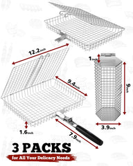 Hexagonal grill basket with shrimp and vegetables on grill