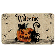 Hexagram Halloween Door Mat front view, black burlap design