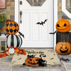 Hexagram Halloween Door Mat in outdoor setting, welcoming guests