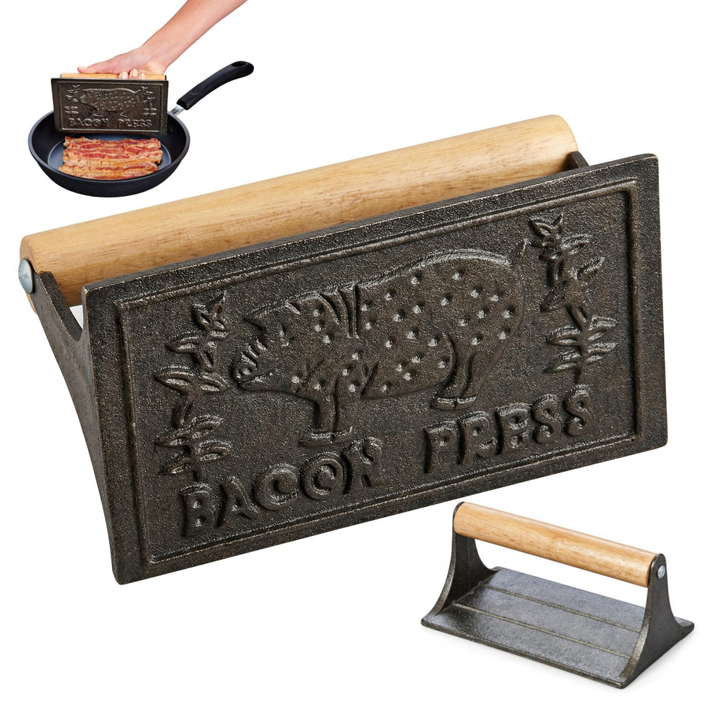 HIC Kitchen Bacon Press front view with wooden handle