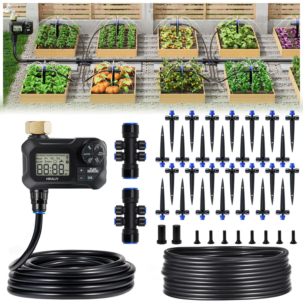 HIRALIY 100FT Automatic Drip Irrigation Kit components including timer and tubing