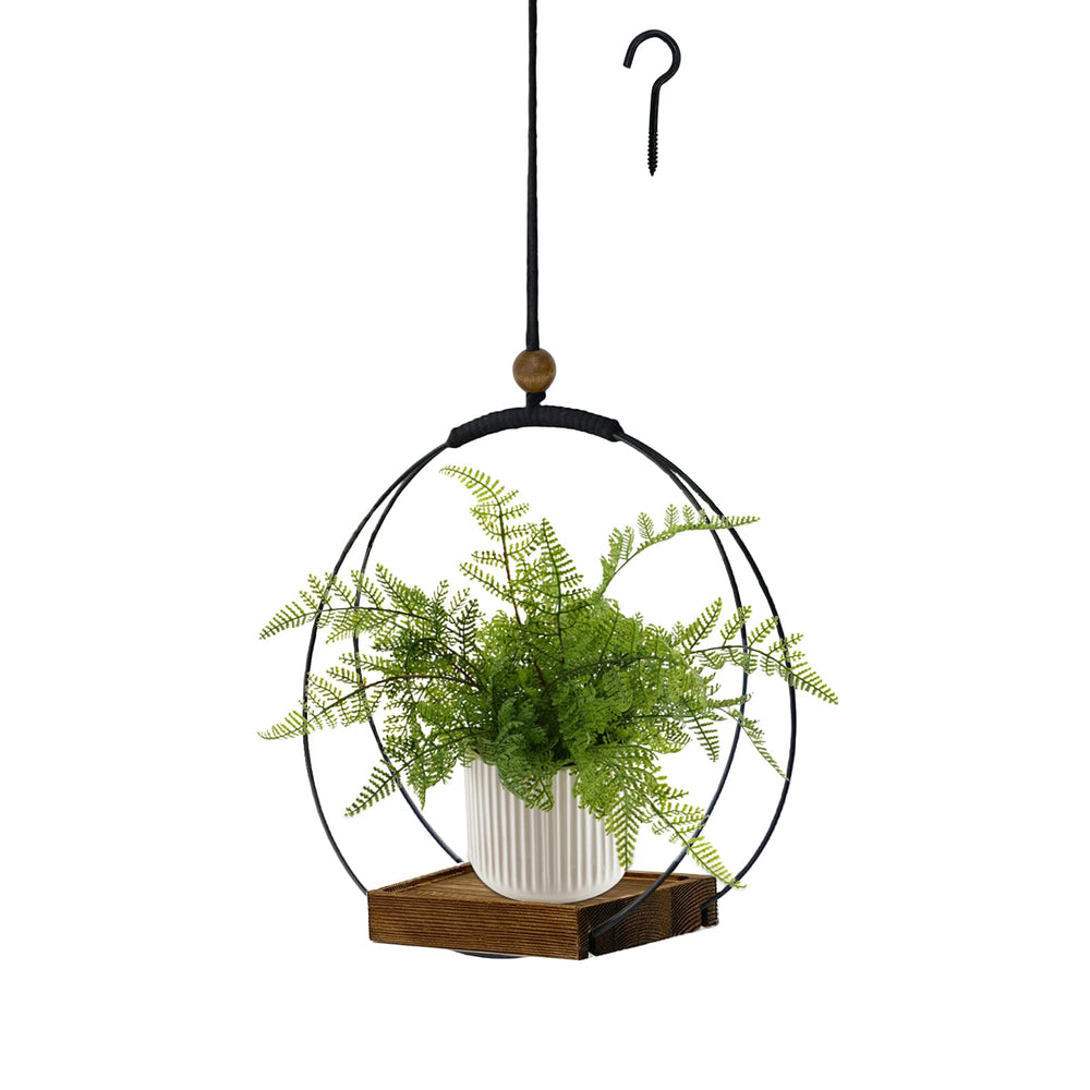 hismocal black hanging planter front view with wood base