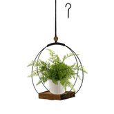 hismocal black hanging planter front view with wood base