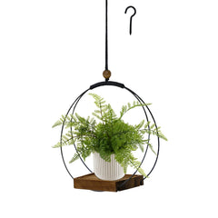 hismocal black hanging planter front view with wood base