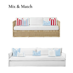 Hofdeco Premium Coastal Lumbar Pillow Cover displayed on a patio bench