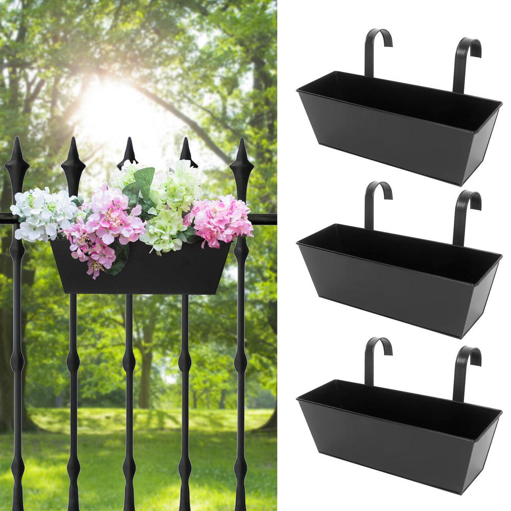 Holensun 16-inch railing planter box in black with flowers
