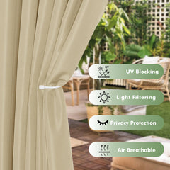HolidayIdeas cream outdoor curtains hanging on a patio