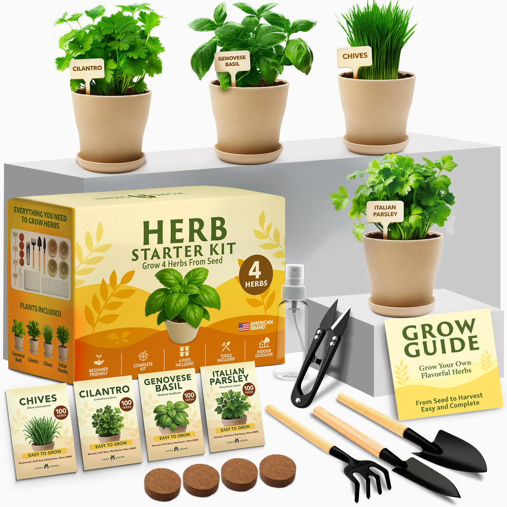 HOME GROWN 4 Herb Indoor Garden Kit, contents displayed including pots and tools