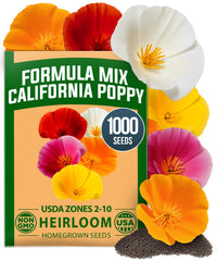 HOME GROWN California Poppy Seeds packaging showing vibrant multi-colour seeds