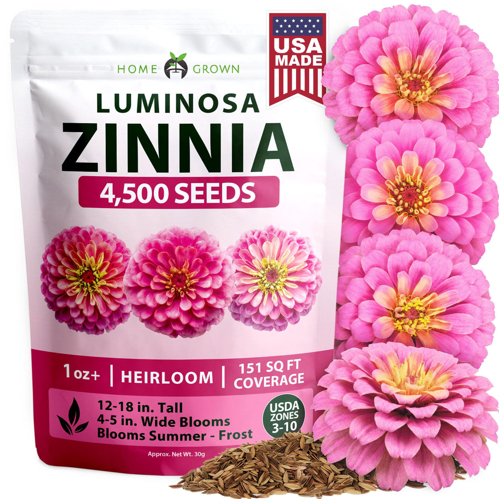 HOME GROWN Luminosa Pink Zinnia flower seeds packet front view