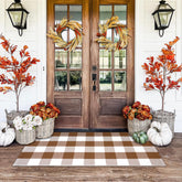Homydecor Buffalo Plaid Outdoor Rug front view, coffee and white