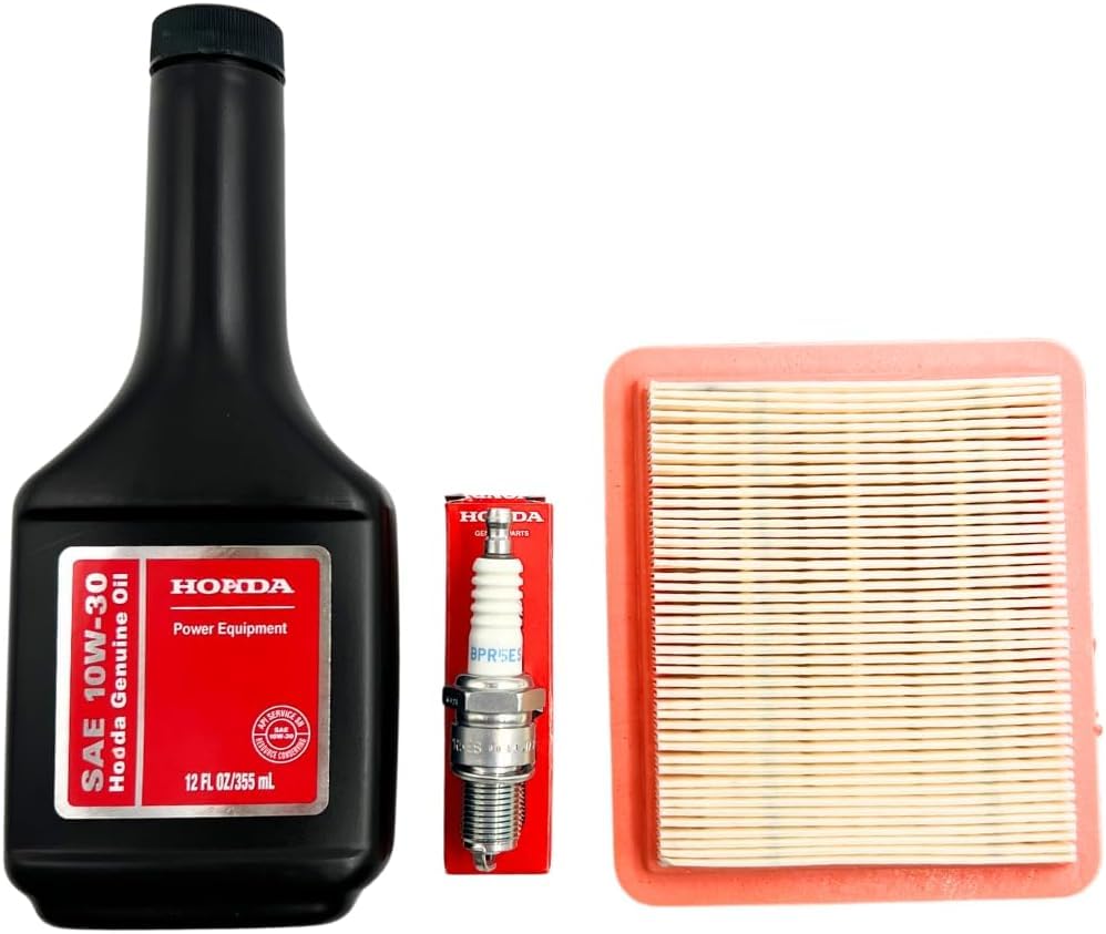 Honda lawn mower tune-up kit components including air filter, spark plug, and motor oil