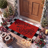 Honoson Merry Bright Christmas Doormat featuring red and white buffalo plaid design