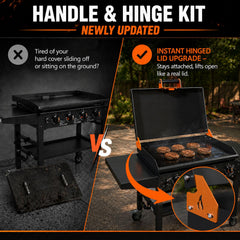 Honsary hinge kit showing bright orange hinges against the griddle