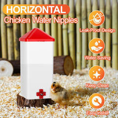 Horizontal chicken waterer nipple in use with chickens drinking