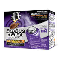 HOT SHOT Bedbug & Flea Fogger 3 count aerosol cans front view