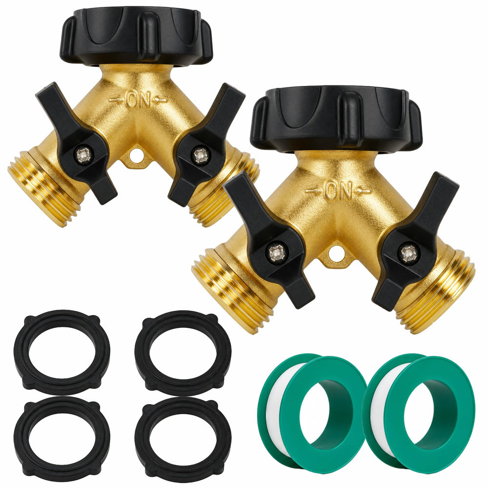 Hourleey brass garden hose splitter front view with two outlets