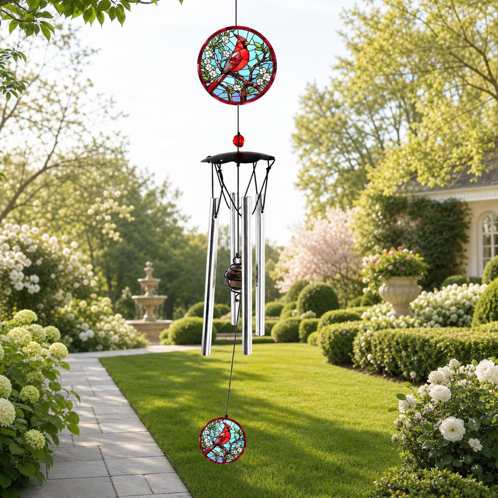 Howarmer 24-inch cardinal wind chimes front view with crystal beads