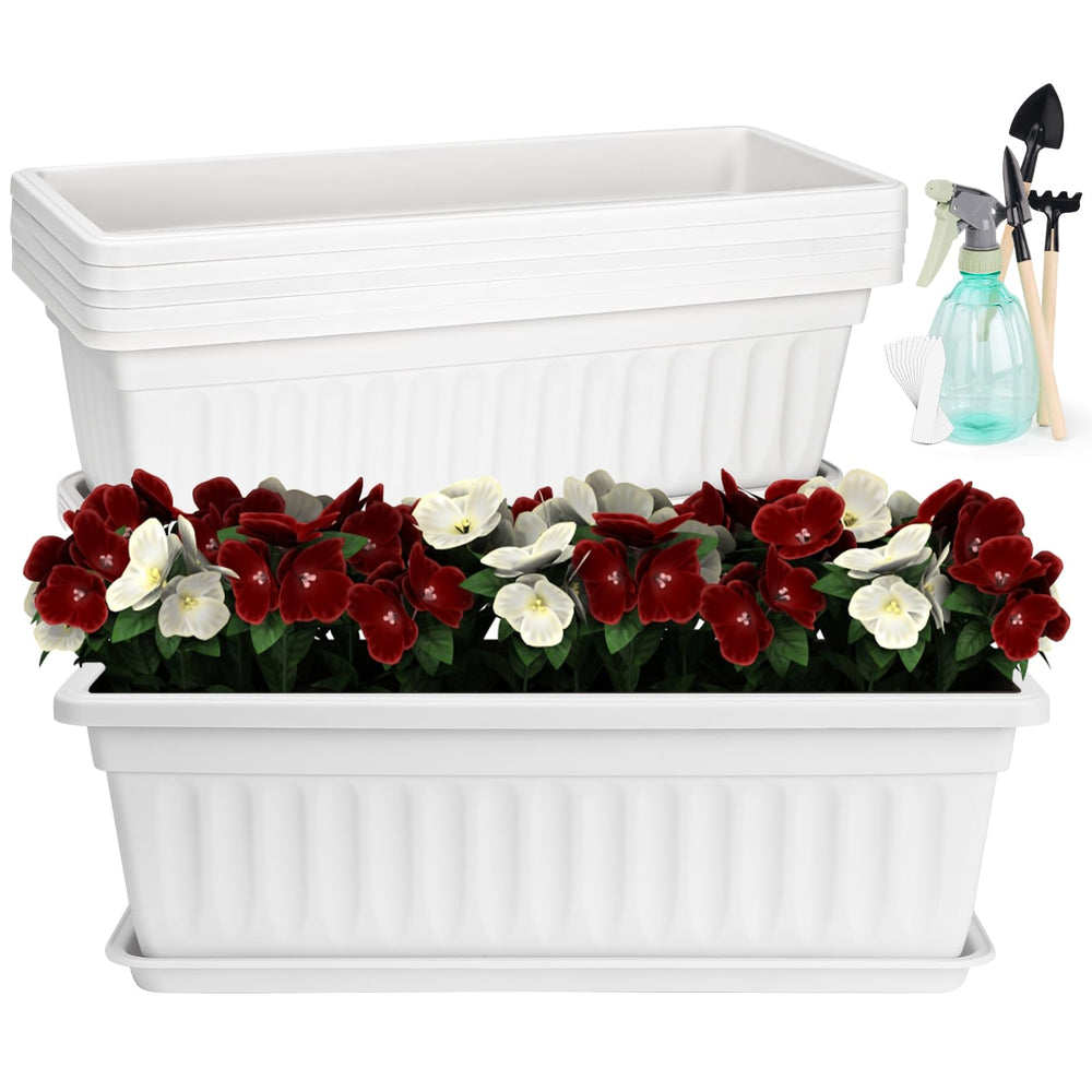 HOXHA 6 Pcs Window Box Planter set with saucers in white