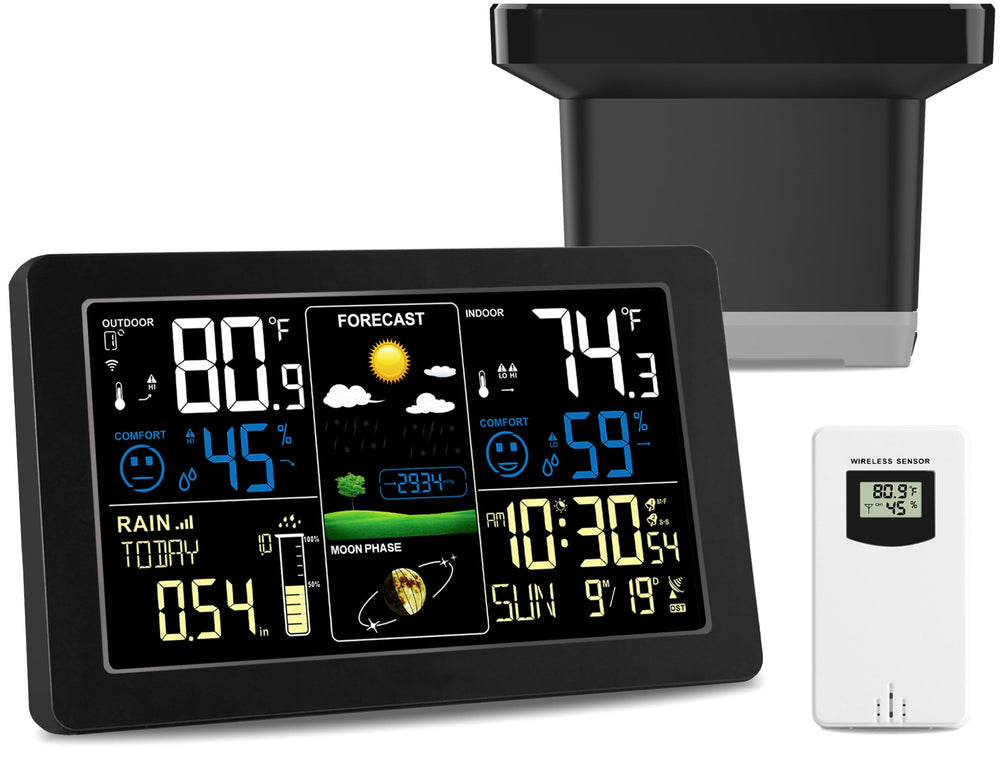 HQcontL Digital Rain Gauge Weather Station front view with colorful LCD display