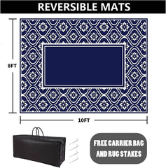 HUGEAR 8x10 navy blue outdoor rug displayed on a patio