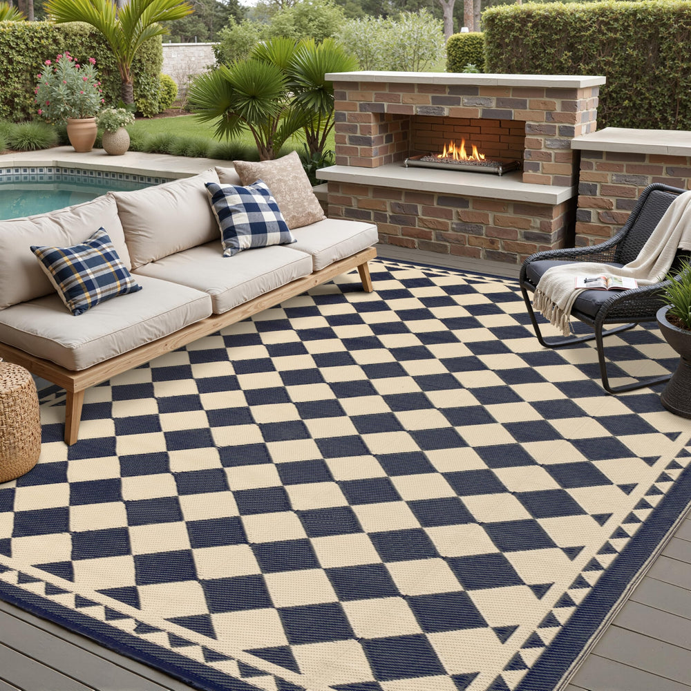 HUGEAR 9x12 checkered outdoor rug front view in black and beige