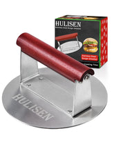 HULISEN Stainless Steel Burger Press front view with wooden handle
