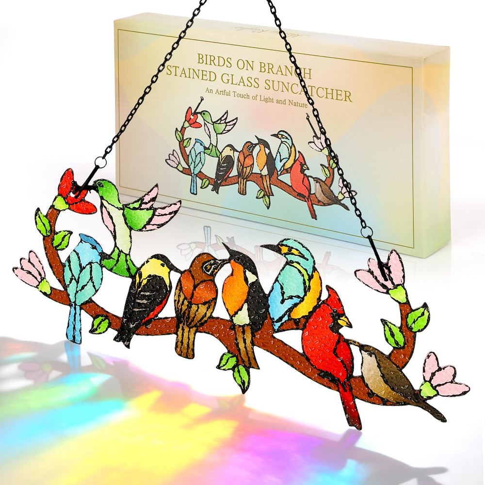 Huray Rayho stained glass sun catcher featuring birds on a branch, front view